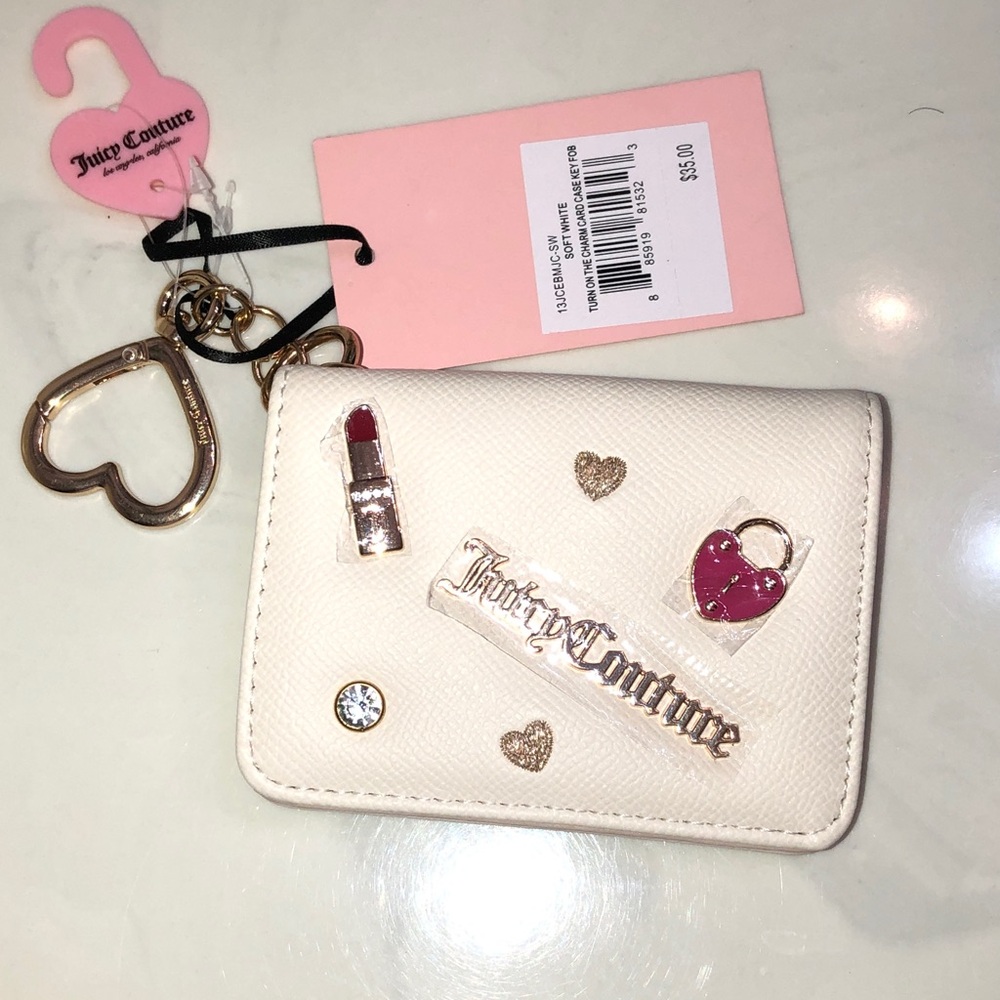 Juicy Couture Soft White Faux Leather Turn On The Charm Card Case Key Fob NWT